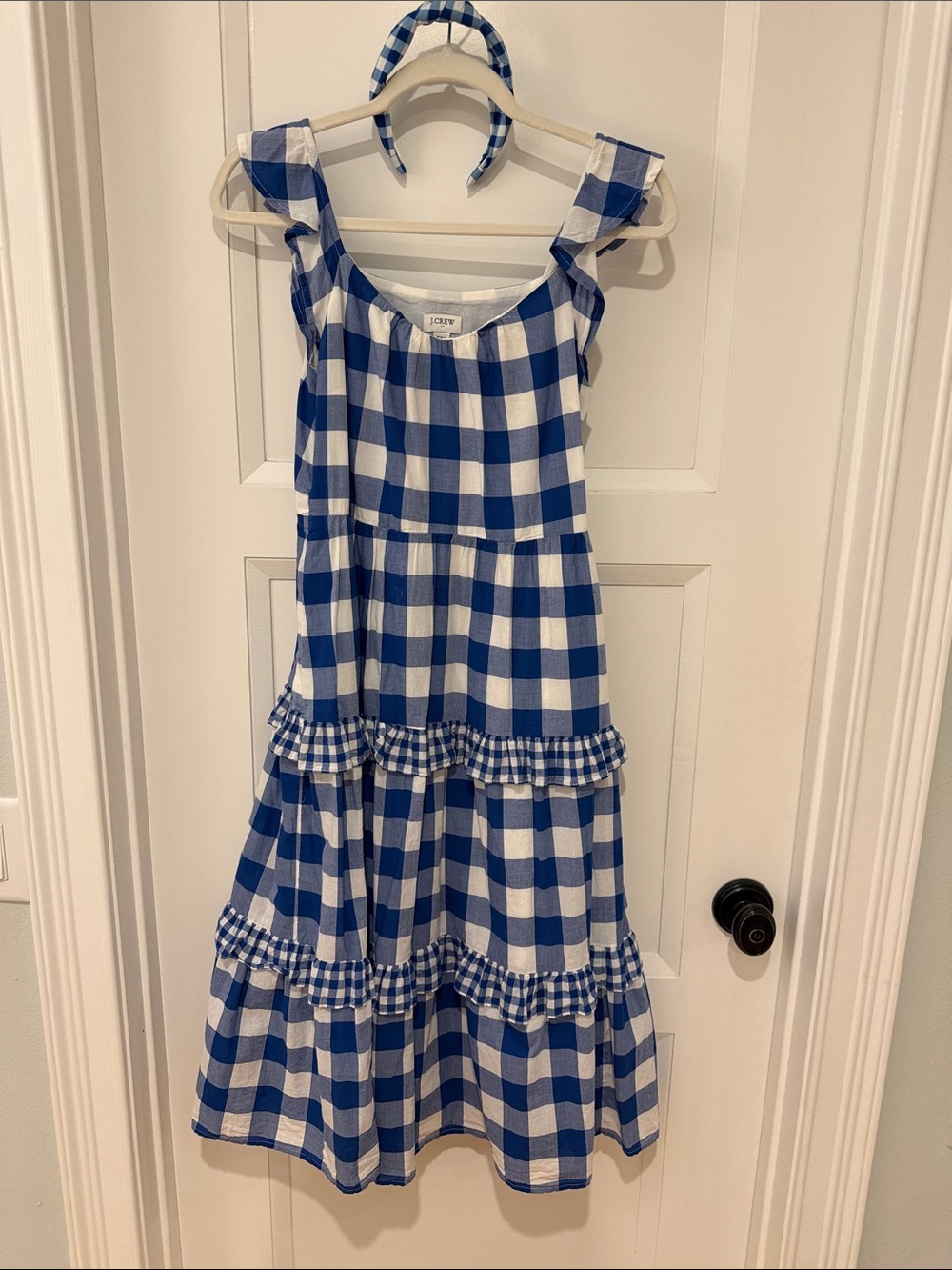 J. Crew Blue and White Gingham Tiered Midi Dress with Matching Headband